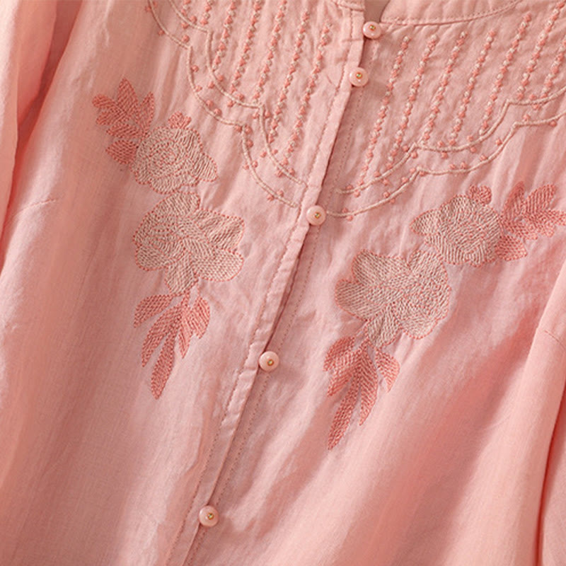 Nimara Ritual Rose Floral Embroidery Button Half Sleeve Women's Cotton Shirt