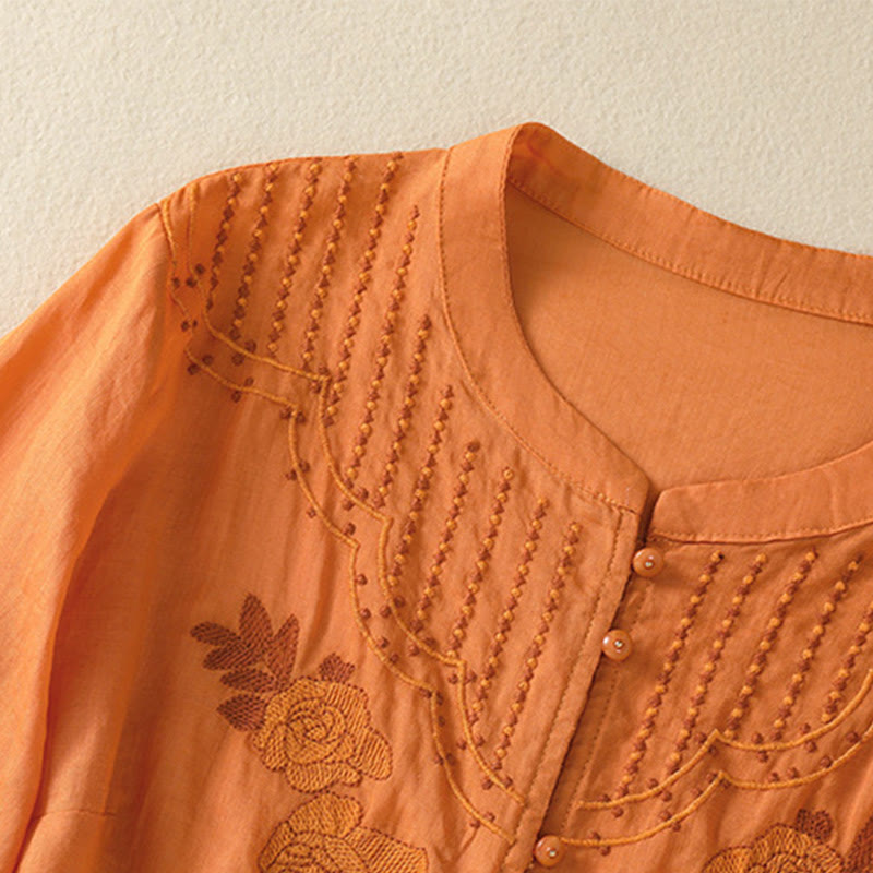 Nimara Ritual Rose Floral Embroidery Button Half Sleeve Women's Cotton Shirt
