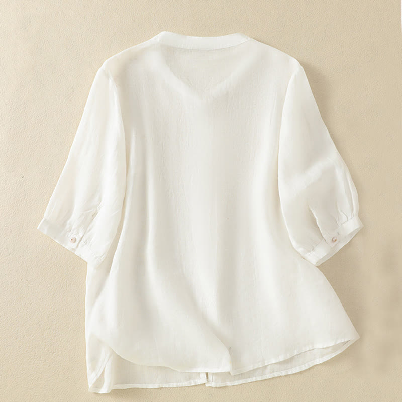 Nimara Ritual Rose Floral Embroidery Button Half Sleeve Women's Cotton Shirt