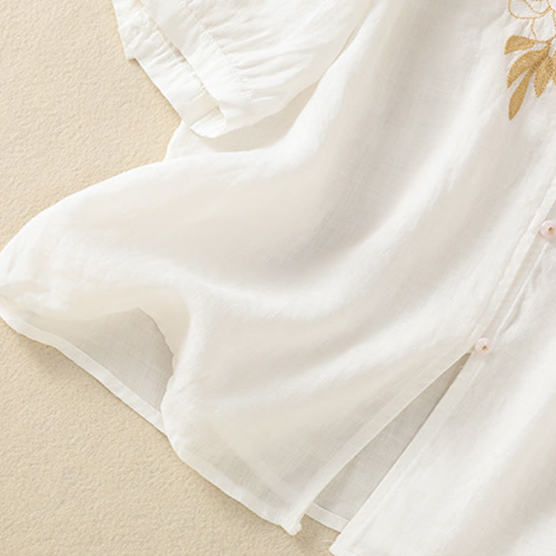 Nimara Ritual Rose Floral Embroidery Button Half Sleeve Women's Cotton Shirt
