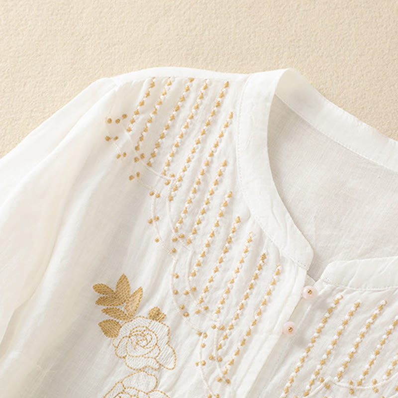 Nimara Ritual Rose Floral Embroidery Button Half Sleeve Women's Cotton Shirt