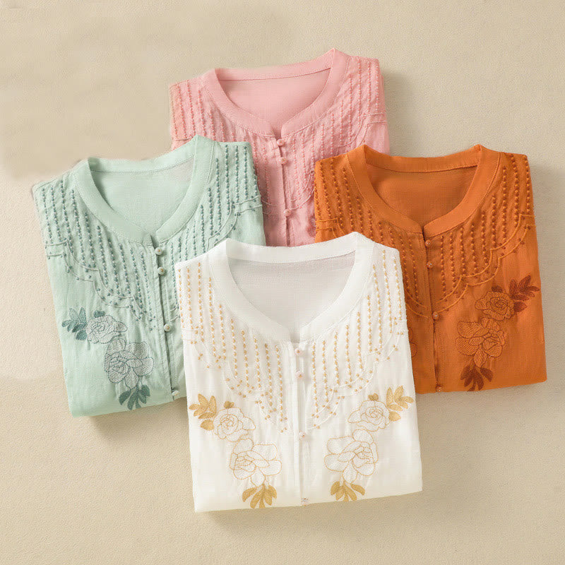 Nimara Ritual Rose Floral Embroidery Button Half Sleeve Women's Cotton Shirt