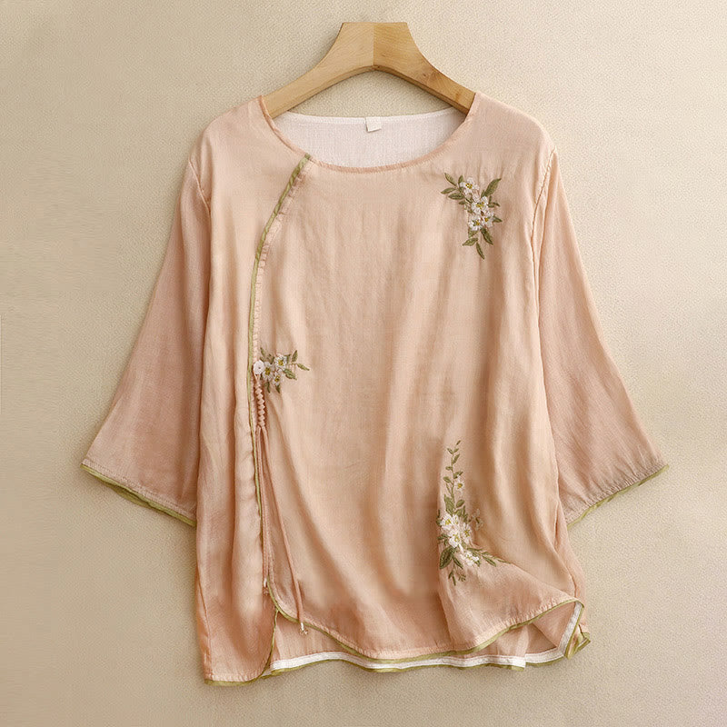 Nimara Ritual Beige Floral Green Leaf Embroidery Crew Neck Three Quarter Sleeve Women's Shirt