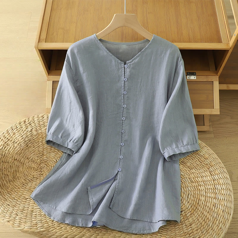 Nimara Ritual Solid Buttons V-Neck Half Sleeve Women's Shirt