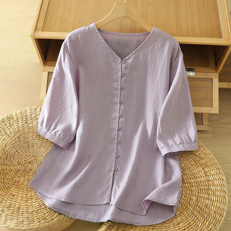 Nimara Ritual Solid Buttons V-Neck Half Sleeve Women's Shirt