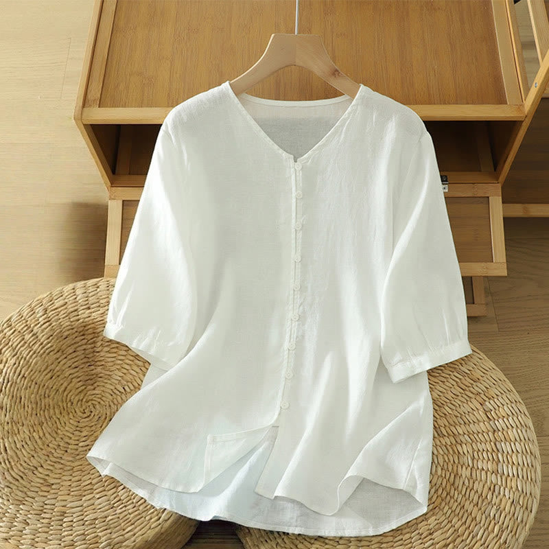Nimara Ritual Solid Buttons V-Neck Half Sleeve Women's Shirt