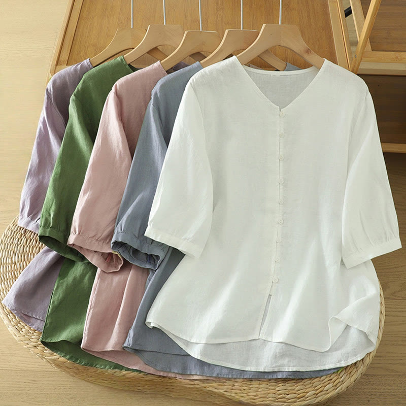 Nimara Ritual Solid Buttons V-Neck Half Sleeve Women's Shirt