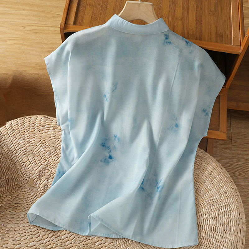 Nimara Ritual Light Blue Frog-Button Sleeveless Women's Shirt