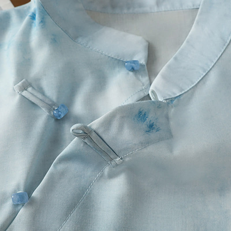 Nimara Ritual Light Blue Frog-Button Sleeveless Women's Shirt