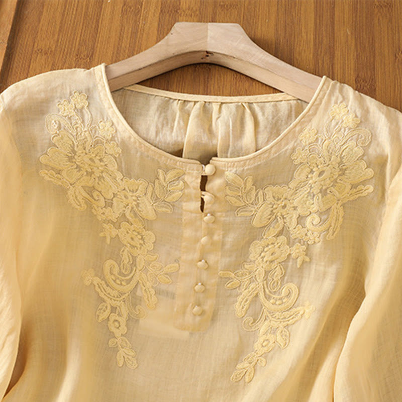 Nimara Ritual Flower Vines Embroidery Button Crew Neck Three Quarter Sleeve Women's Cotton Shirt