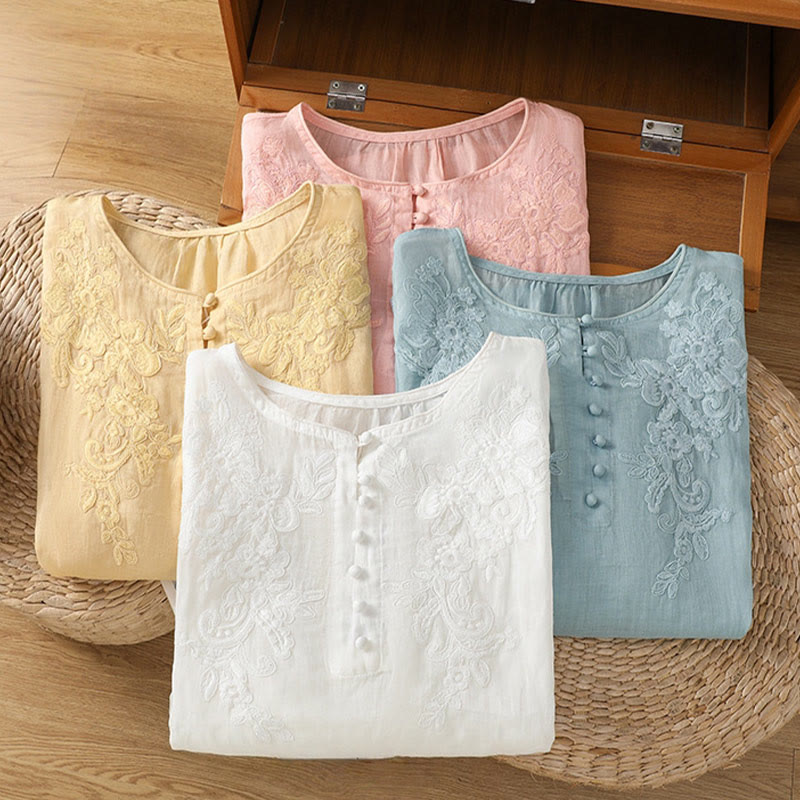 Nimara Ritual Flower Vines Embroidery Button Crew Neck Three Quarter Sleeve Women's Cotton Shirt