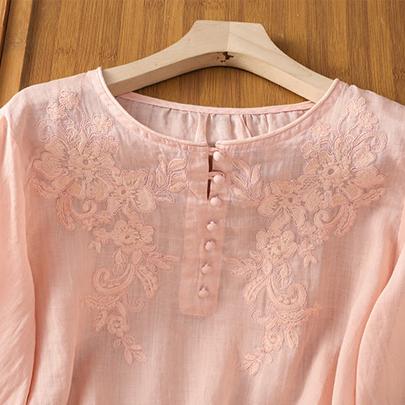 Nimara Ritual Flower Vines Embroidery Button Crew Neck Three Quarter Sleeve Women's Cotton Shirt