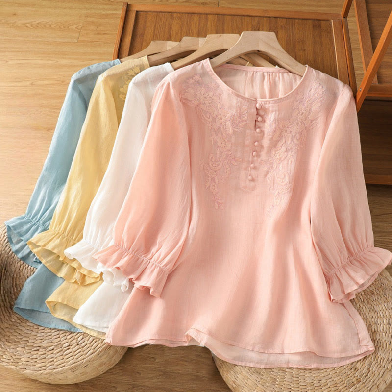 Nimara Ritual Flower Vines Embroidery Button Crew Neck Three Quarter Sleeve Women's Cotton Shirt