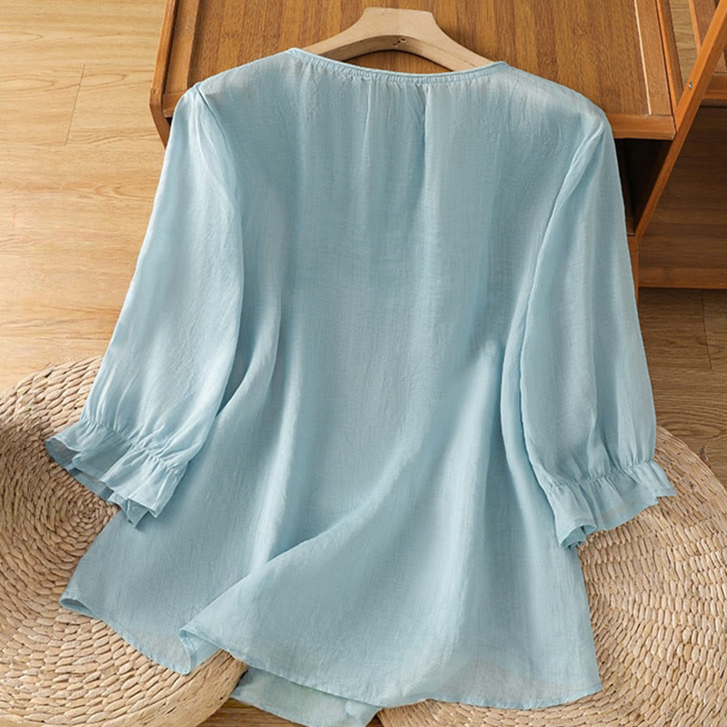 Nimara Ritual Flower Vines Embroidery Button Crew Neck Three Quarter Sleeve Women's Cotton Shirt