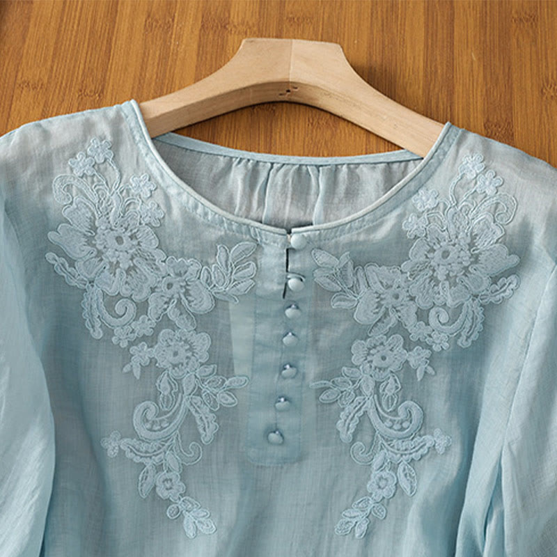 Nimara Ritual Flower Vines Embroidery Button Crew Neck Three Quarter Sleeve Women's Cotton Shirt