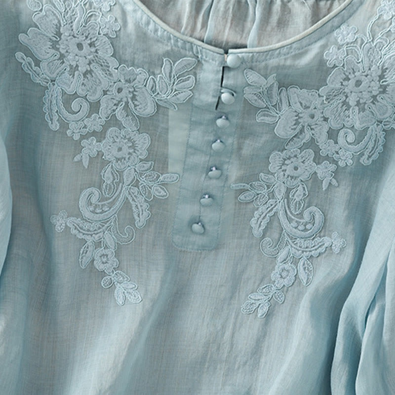 Nimara Ritual Flower Vines Embroidery Button Crew Neck Three Quarter Sleeve Women's Cotton Shirt