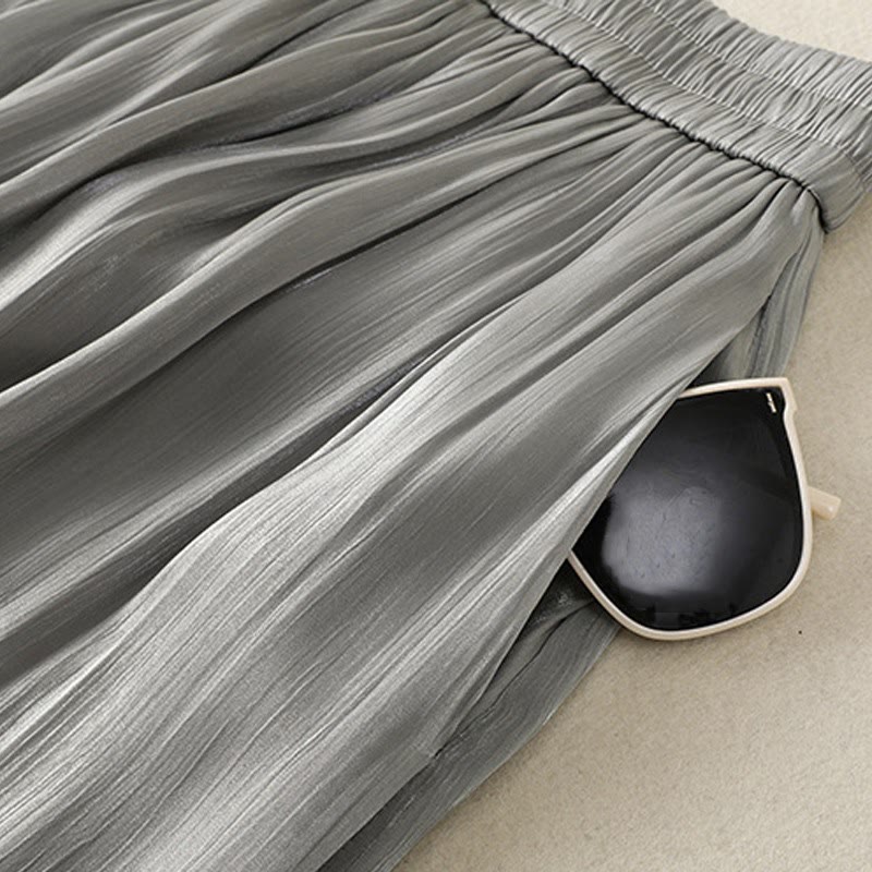 Nimara Ritual Light Gray Pleated Design Elastic Waist Women's Wide Leg Pants With Pockets