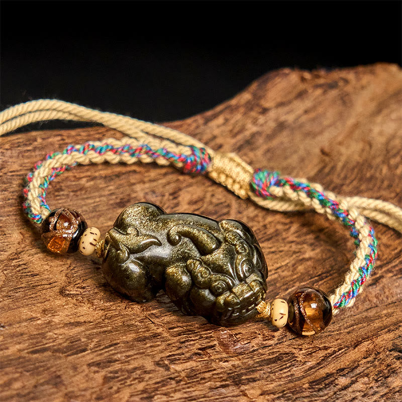 Nimara Ritual Gold Sheen Obsidian PiXiu Wealth Rope Bracelet