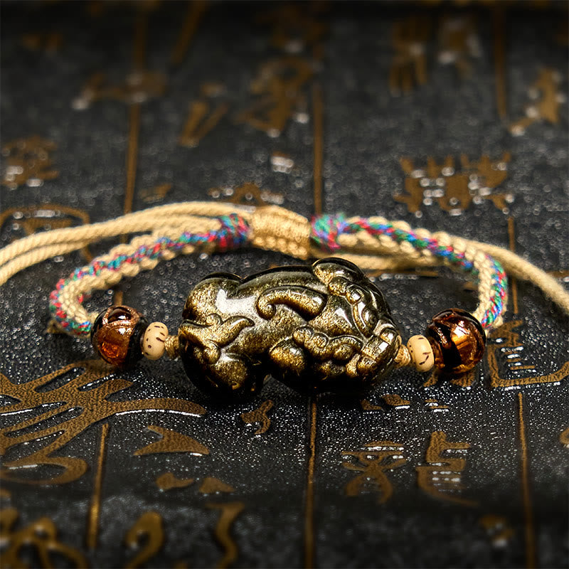 Nimara Ritual Gold Sheen Obsidian PiXiu Wealth Rope Bracelet