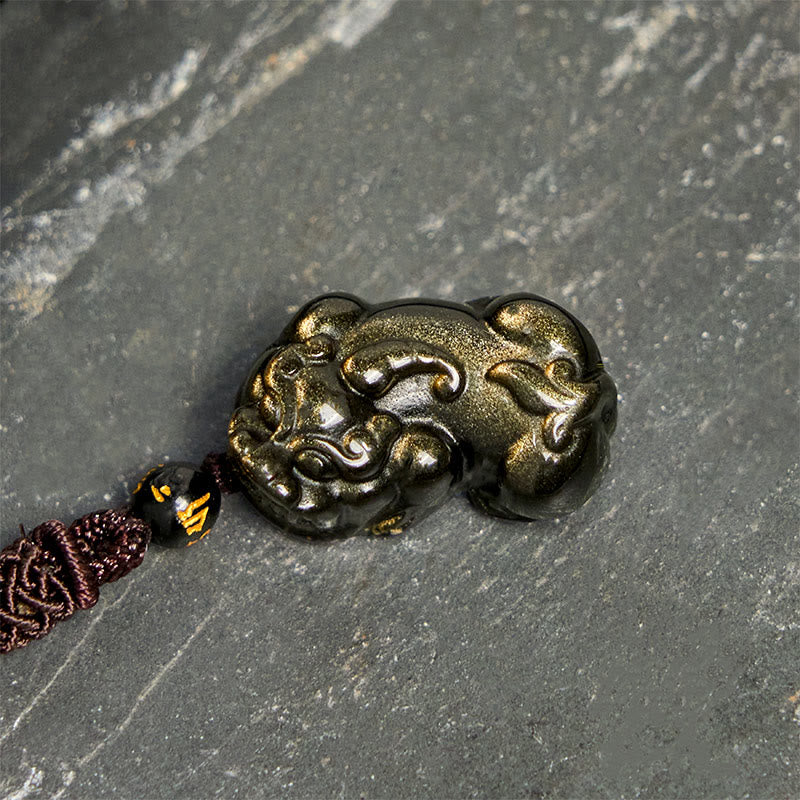 Nimara Ritual Gold Sheen Obsidian PiXiu Wealth Rope Necklace Pendant