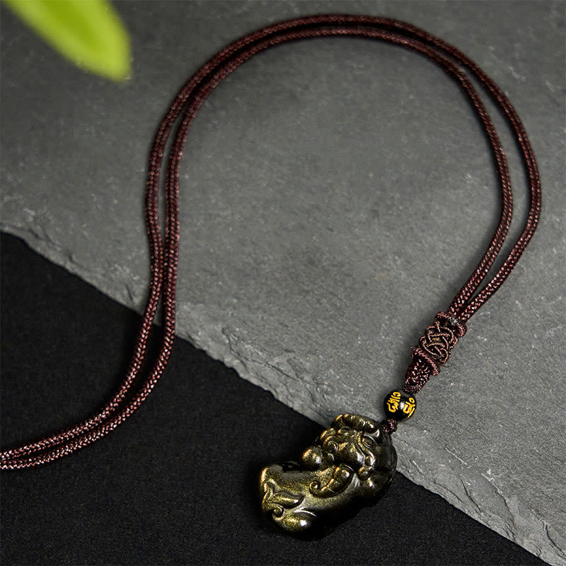 Nimara Ritual Gold Sheen Obsidian PiXiu Wealth Rope Necklace Pendant