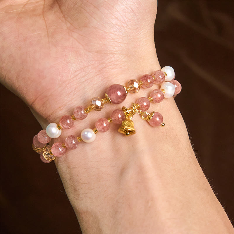 Nimara Ritual Natural Strawberry Quartz Pearl Bell Healing Double Wrap Bracelet