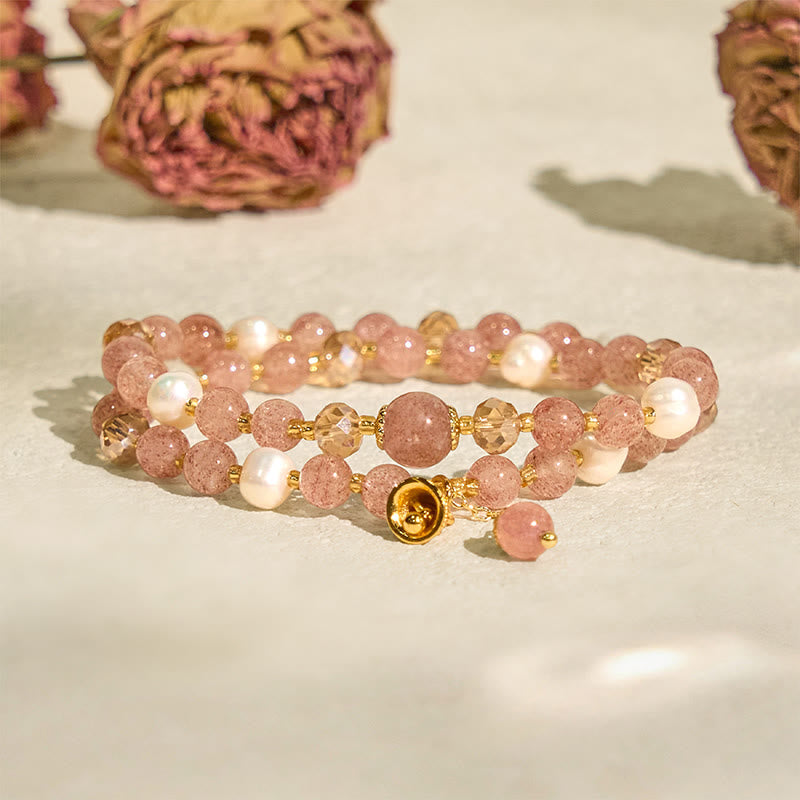 Nimara Ritual Natural Strawberry Quartz Pearl Bell Healing Double Wrap Bracelet