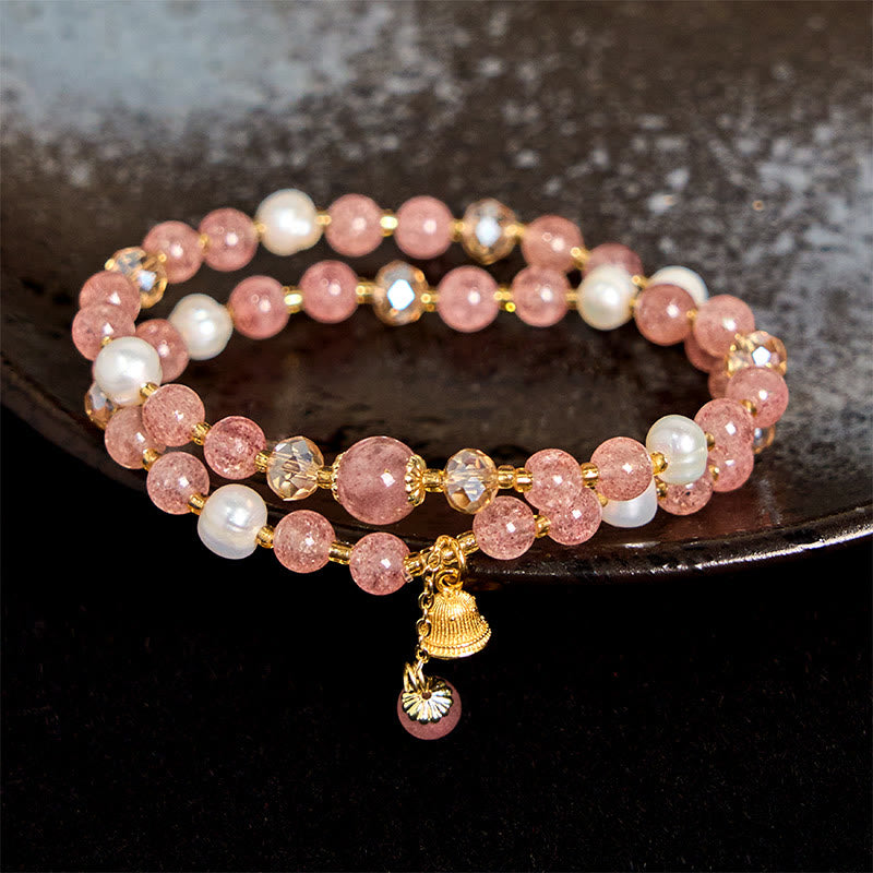 Nimara Ritual Natural Strawberry Quartz Pearl Bell Healing Double Wrap Bracelet