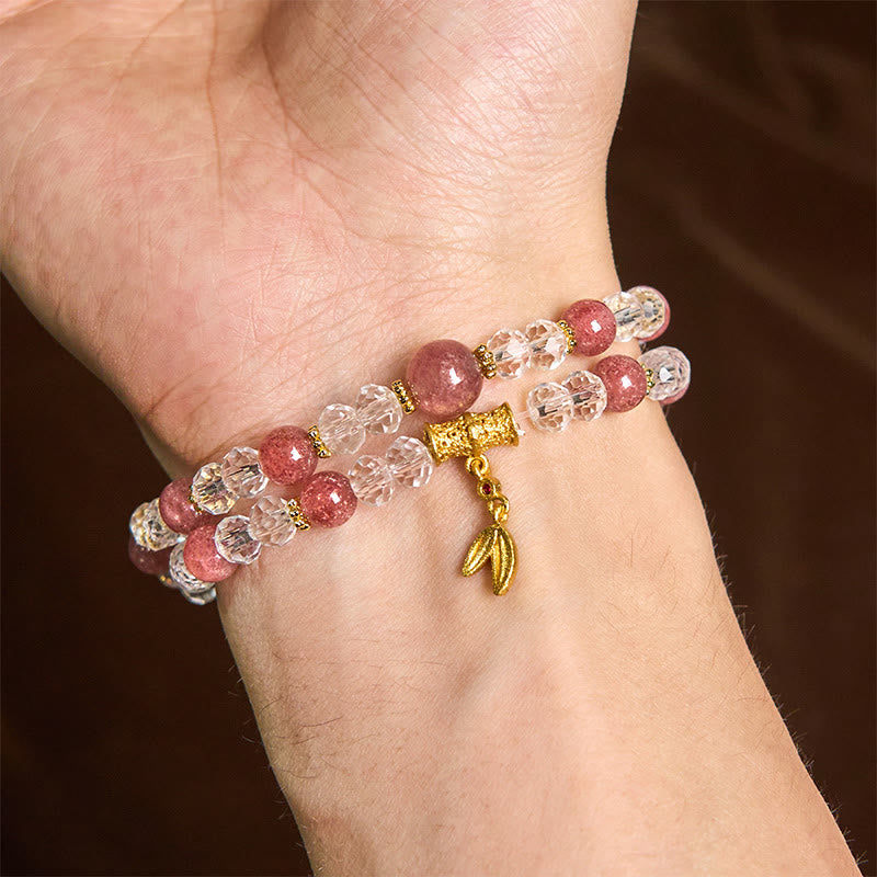 Nimara Ritual Natural Strawberry Quartz Crystal Bamboo Positive Double Wrap Bracelet