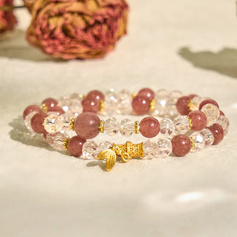 Nimara Ritual Natural Strawberry Quartz Crystal Bamboo Positive Double Wrap Bracelet