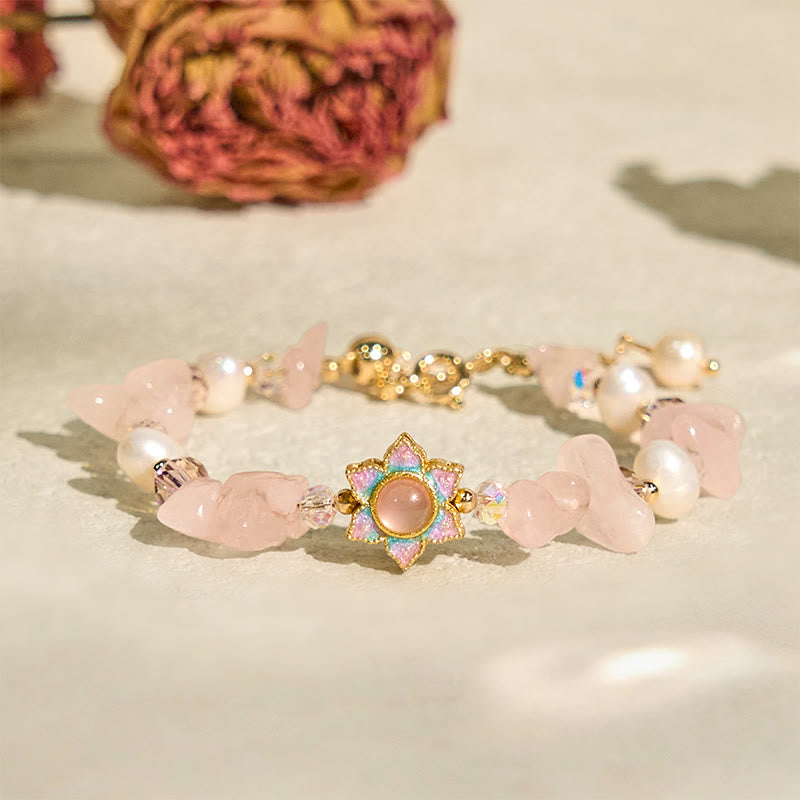 Nimara Ritual Natural Gravel Rose Quartz Flower Pearl Healing Bracelet