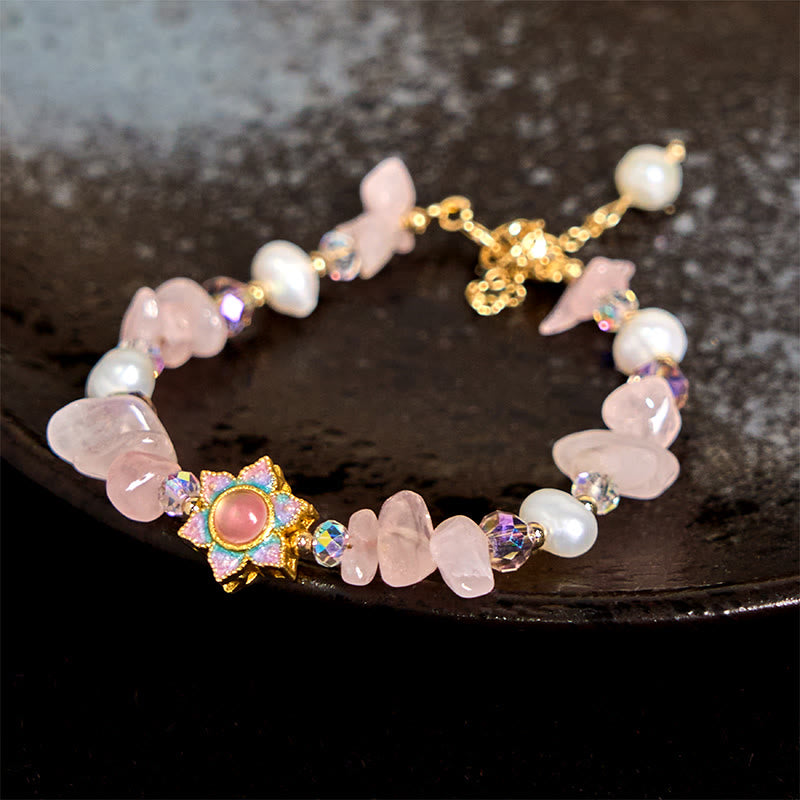 Nimara Ritual Natural Gravel Rose Quartz Flower Pearl Healing Bracelet