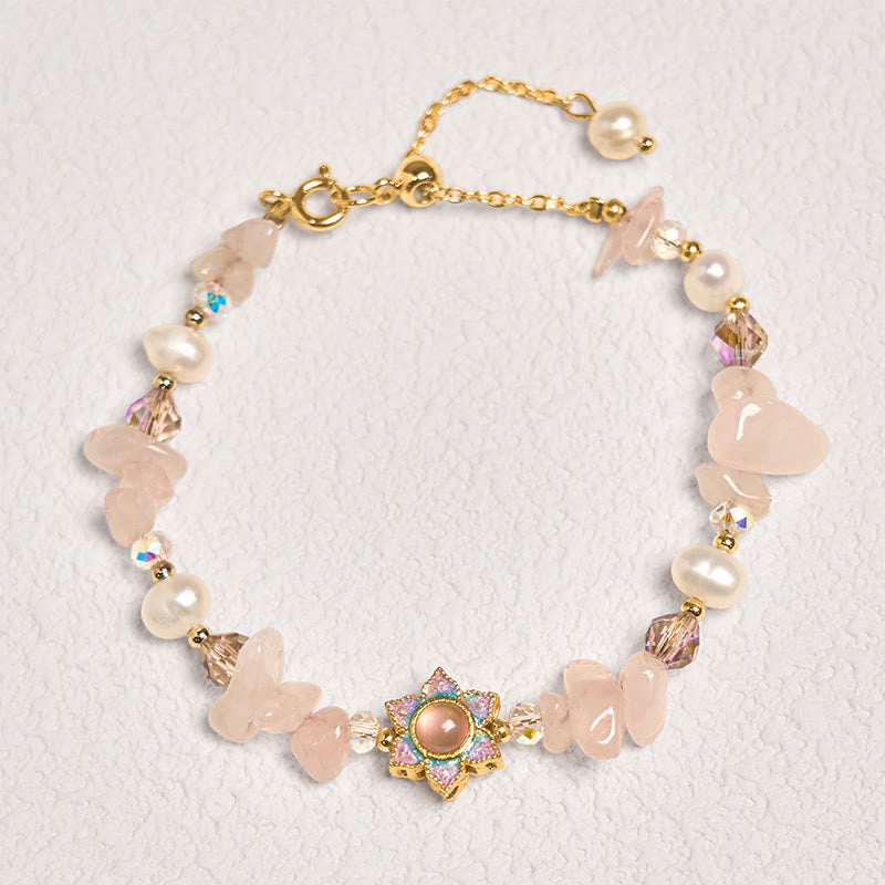 Nimara Ritual Natural Gravel Rose Quartz Flower Pearl Healing Bracelet