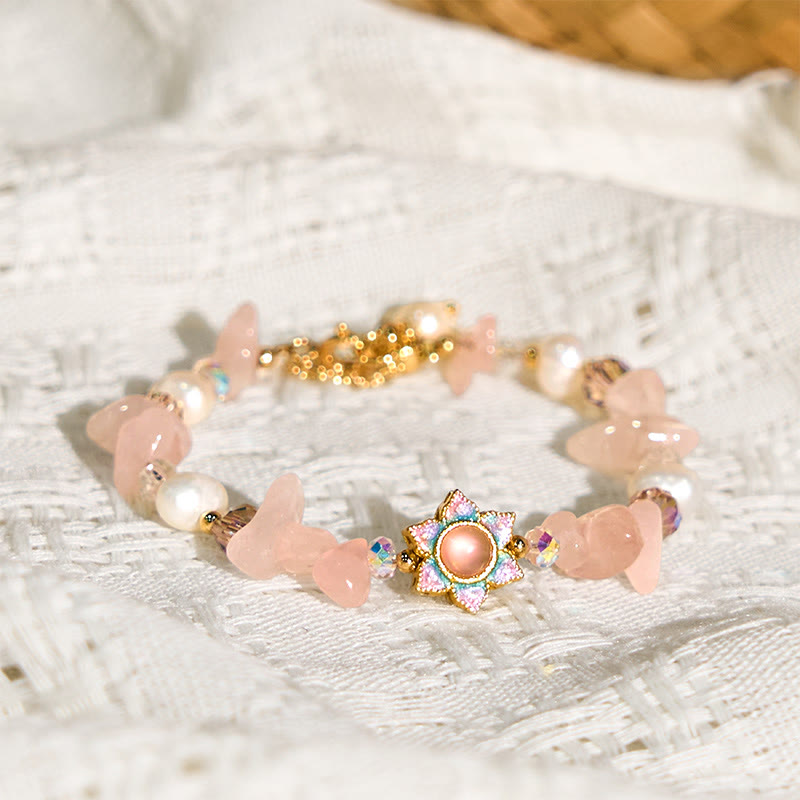 Nimara Ritual Natural Gravel Rose Quartz Flower Pearl Healing Bracelet