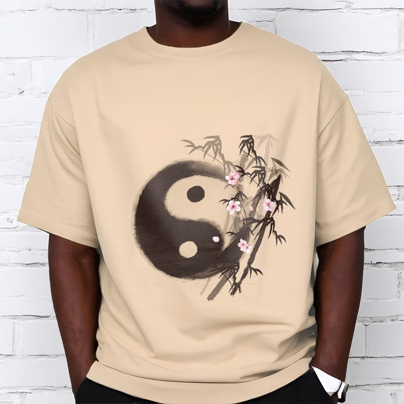 Nimara Ritual Yin Yang Bamboo Cherry Blossom Pattern Tee T-shirt