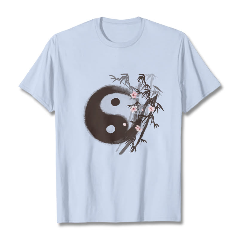 Nimara Ritual Yin Yang Bamboo Cherry Blossom Pattern Tee T-shirt