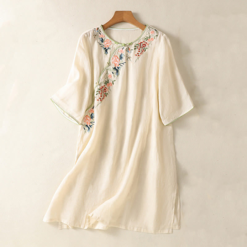 Nimara Ritual Embroidery Flower Hem Slit Design Half Sleeve Cotton Linen Zen Midi Dress