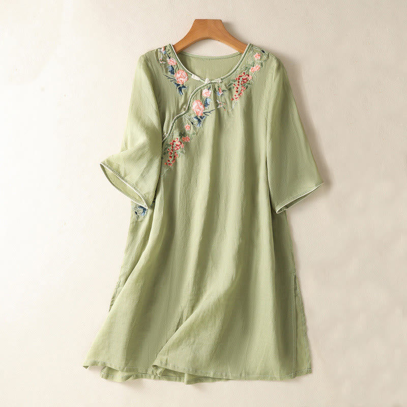Nimara Ritual Embroidery Flower Hem Slit Design Half Sleeve Cotton Linen Zen Midi Dress