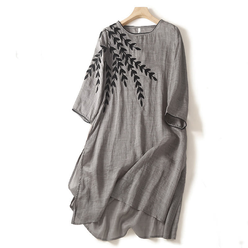 Nimara Ritual Casual Embroidery Split Three Quarter Sleeve Midi Dress