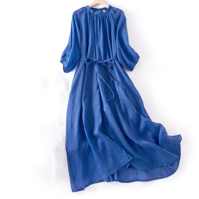 Nimara Ritual Plain Drawstring Three Quarter Puff Sleeve Cotton Linen Midi Dress With Pockets
