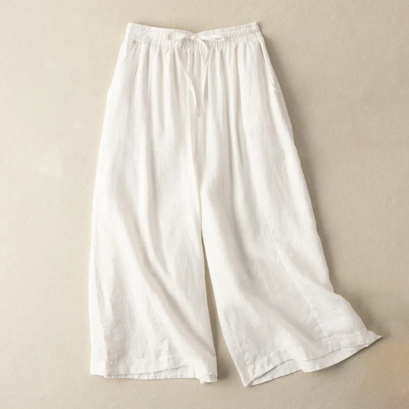 Nimara Ritual Plain Color 7-8 Length Capri Cropped Pants Cotton Linen Women's Wide Leg Pants With Pockets
