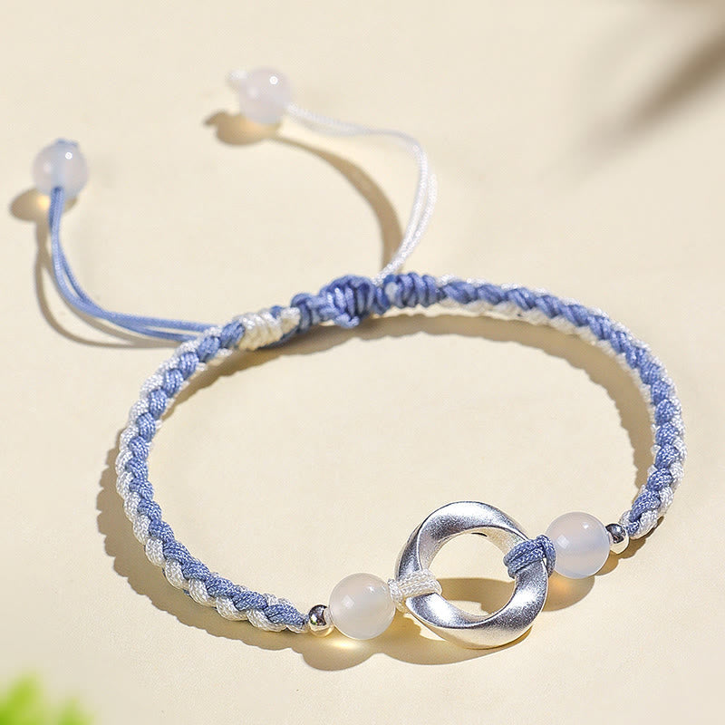 Nimara Ritual 925 Sterling Silver Mobius White Agate Bead Braided String Protection Bracelet
