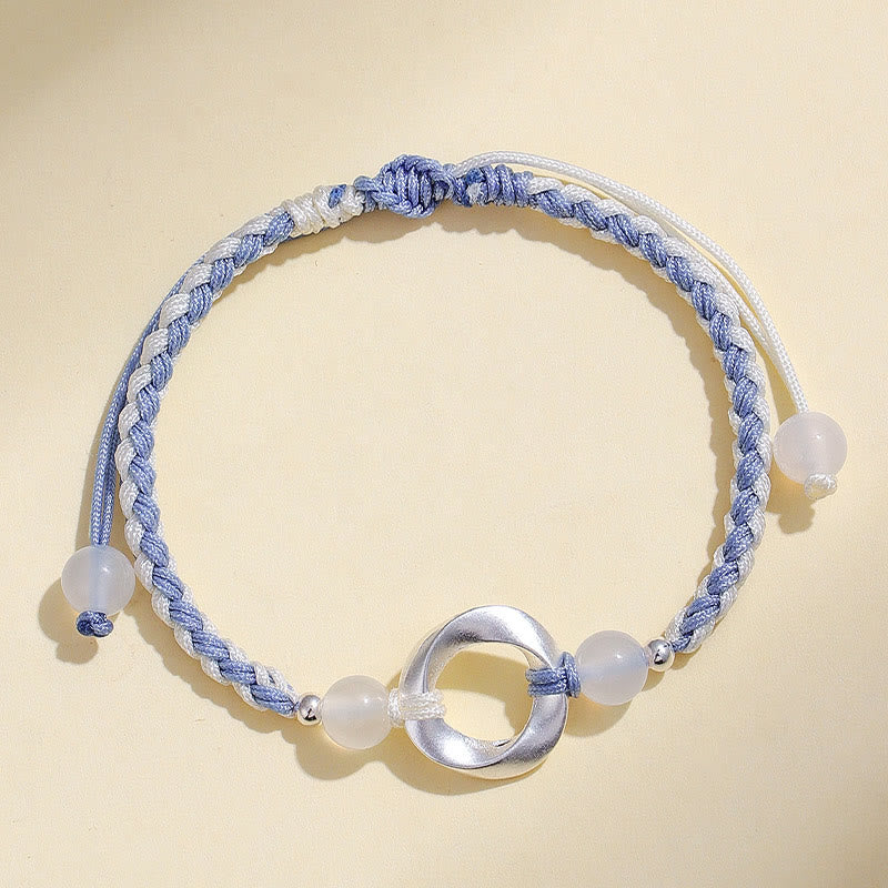 Nimara Ritual 925 Sterling Silver Mobius White Agate Bead Braided String Protection Bracelet