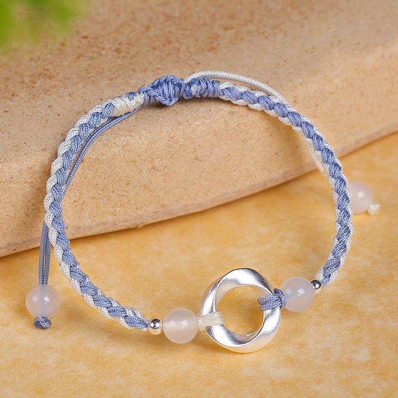 Nimara Ritual 925 Sterling Silver Mobius White Agate Bead Braided String Protection Bracelet
