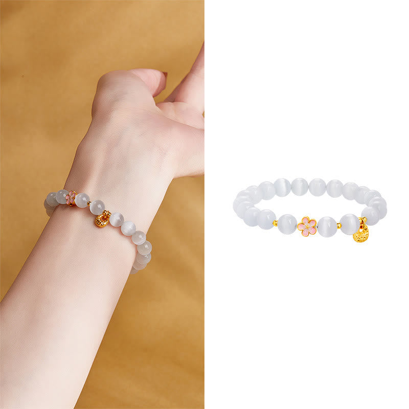 Nimara Ritual 925 Sterling Silver Peach Blossom Lucky Bag White Cat's Eye Luck Bracelet