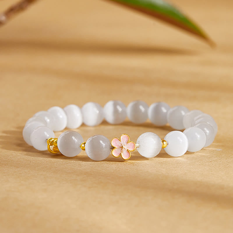Nimara Ritual 925 Sterling Silver Peach Blossom Lucky Bag White Cat's Eye Luck Bracelet