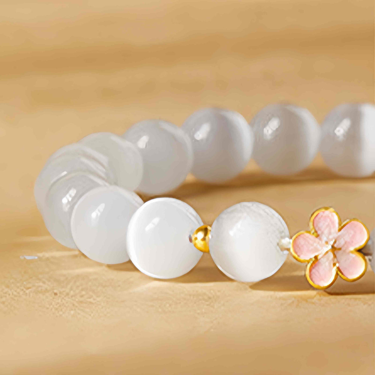 Nimara Ritual 925 Sterling Silver Peach Blossom Lucky Bag White Cat's Eye Luck Bracelet