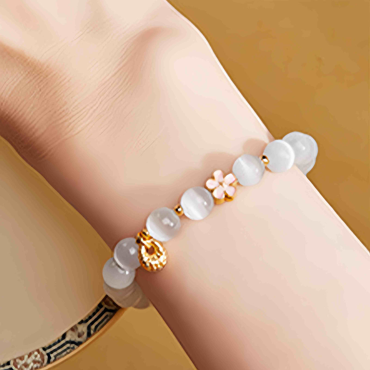 Nimara Ritual 925 Sterling Silver Peach Blossom Lucky Bag White Cat's Eye Luck Bracelet