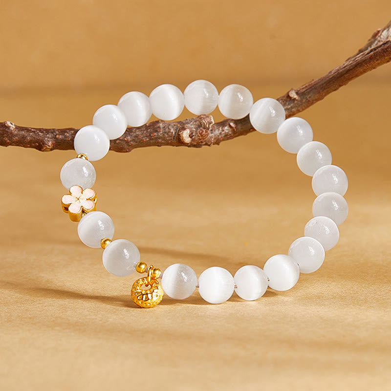 Nimara Ritual 925 Sterling Silver Peach Blossom Lucky Bag White Cat's Eye Luck Bracelet