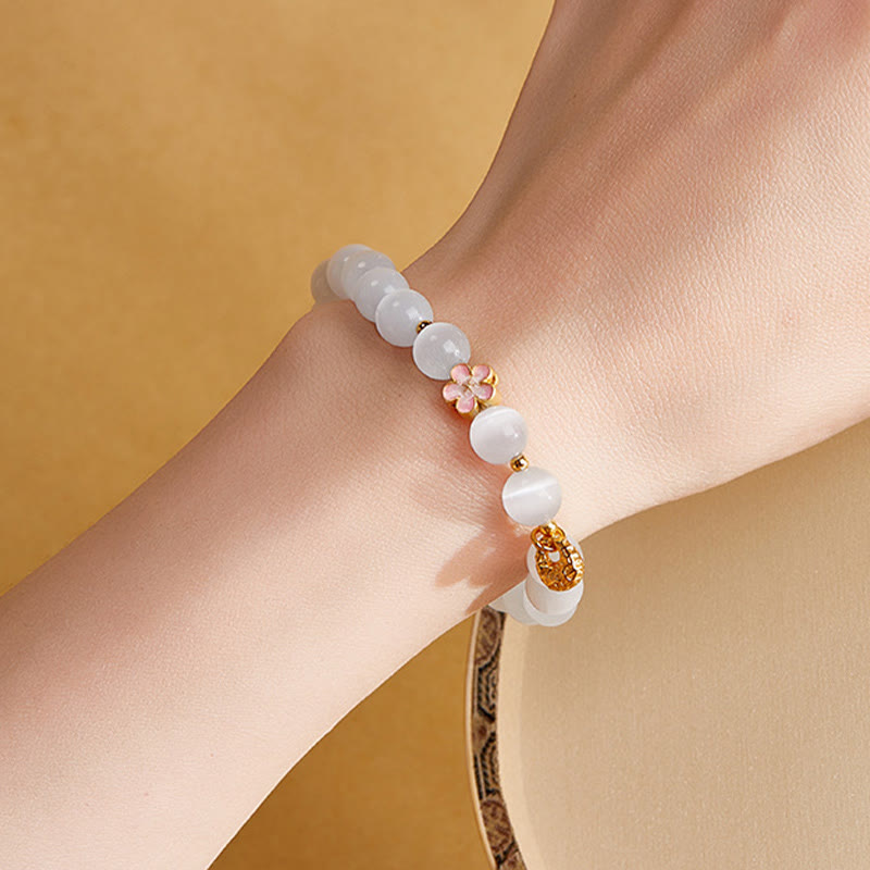 Nimara Ritual 925 Sterling Silver Peach Blossom Lucky Bag White Cat's Eye Luck Bracelet